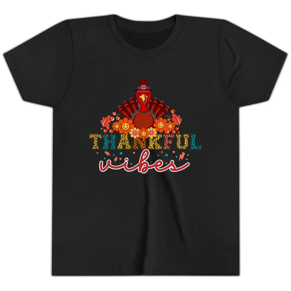 Turkey Vibes Thanksgiving Design Youth T-Shirt in Black